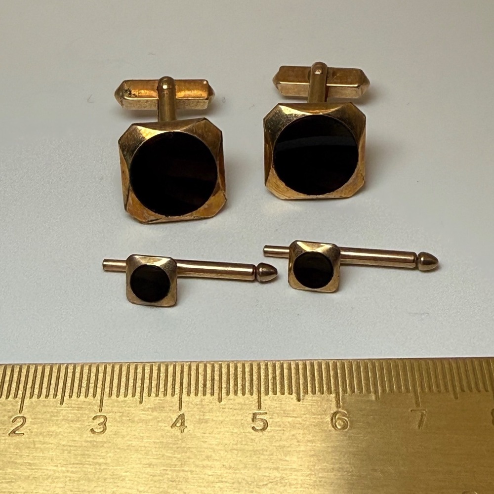 Swank Cufflinks Studs Set OS Gold Tone Black Onyx Style Mid Century Modern MCM